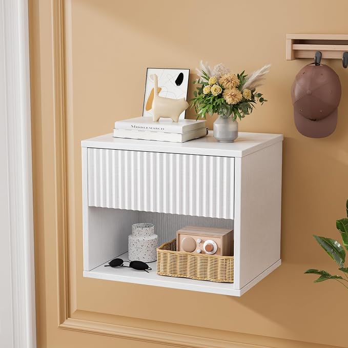 VINGLI Floating Nightstand Set of 2 White Fluted Nightstands with 1 Drawer, Night Stand for Bedroom, Wood Bed Side Table, Fluted Nightstand End Table for Bedroom and Living Room - Image 4
