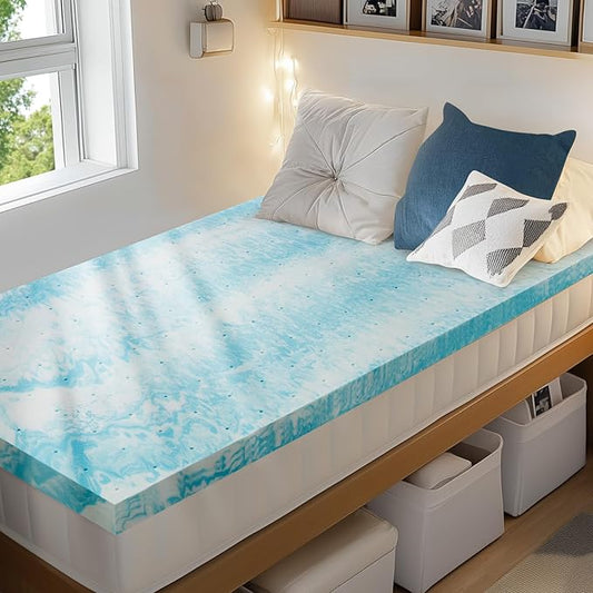 PERLECARE 4 Inch Twin Memory Foam Mattress Topper, Cooling Gel Infused Mattress Pad, Ventilated Bed Topper for Pressure Relief, Dorm Room Essentials, Blue