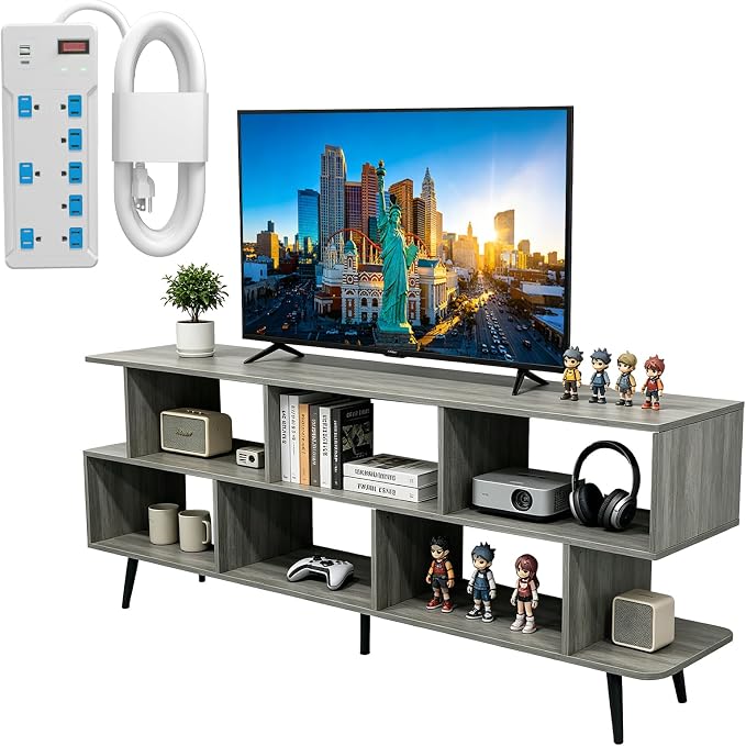 65" American Walnut TV Stand with Power Outlet,Large Media Console Table for TVs up to 75" with 8 Open Shelves,Entertainment Center for Living Room/Entrance/Kitchen/Sofa Cabinet,Easy Assembly by ACOHOOKCommittedToProvidingCost-EffectiveProductsQualityServices