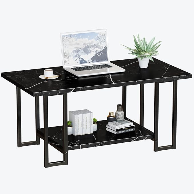 Lamerge Coffee Table, Modern Faux Marble Top Coffee Table with Metal Frame and Storage Shelf, 2-Tier Rectangle Accent Cocktail Table for Living Room, Office (Black)