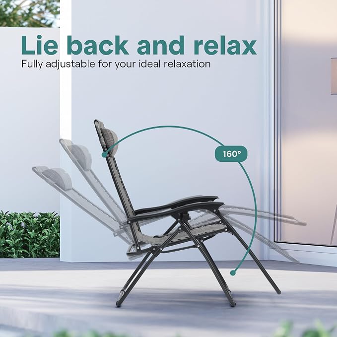 SereneLife Zero Gravity Chairs Set of 2 - Adjustable Steel Mesh Lawn Chairs - Outdoor Lounge Chairs with Detachable Cup Holder Tray - Foldable Outdoor Chair with Removable Pillows - Grey - Image 3