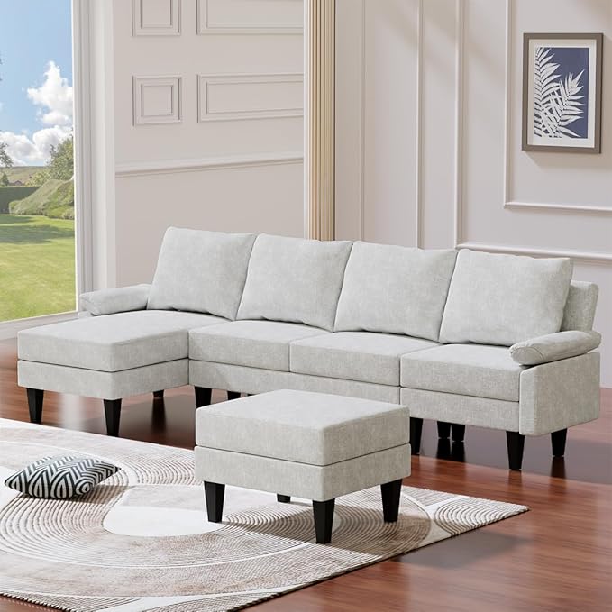 115 Inch Modular Sectional Sofa with Storage Ottoman, Modern L-Shaped Sectional Couch with Chaise, Chenille Couch for Living Room, Apartment or Small Spaces, Off-White