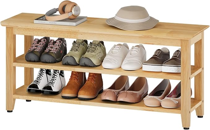 Wood Shoe Bench for Entryway,Bench with Shoe Rack,Storage Shoe Organizer for Hallway,Living Room,Bedroom (Natural, 39.37''W×11.81‘’D×17.71‘’H) by Furshus