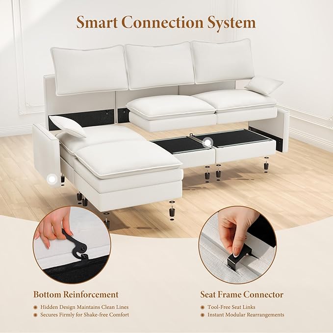 Vesgantti 142" Oversized Sectional Sofa Bed, 8-Seater Modular Sleeper Cloud Couch with Movable Ottoman, Chenille Convertible Sofa Set Deep Seat Couches for Living Room, Bedroom and Apartment, White
