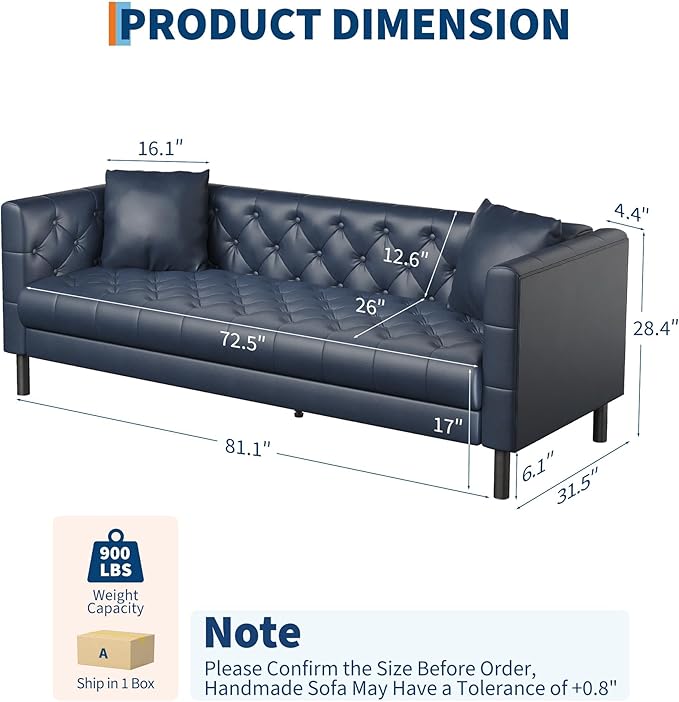 IDEALHOUSE 81" Mid-Century Modern Leather Sofa for Living Room, Chesterfield Sofa with Deep Seats and 2 Pillows, 3 Seater Couch with Button Tufted, Leather Couch for Apartment, Office, Blue