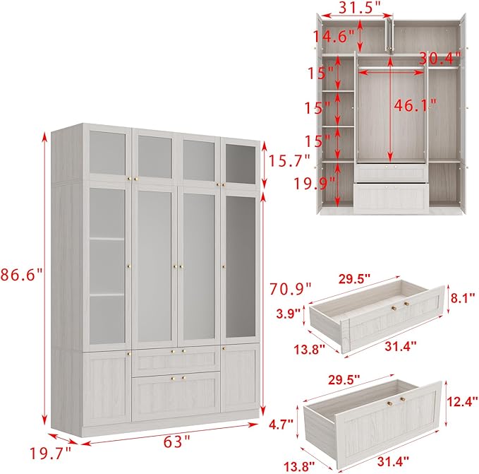 4 Door Wardrobe Armoire Closet with Hanging Rods & 2 Drawers, Bedroom Armoire with Frosted Glass Doors, Top Cabinets & Gold Handles, Wood Grain, 19.7”D x 63”W x 86.6”H