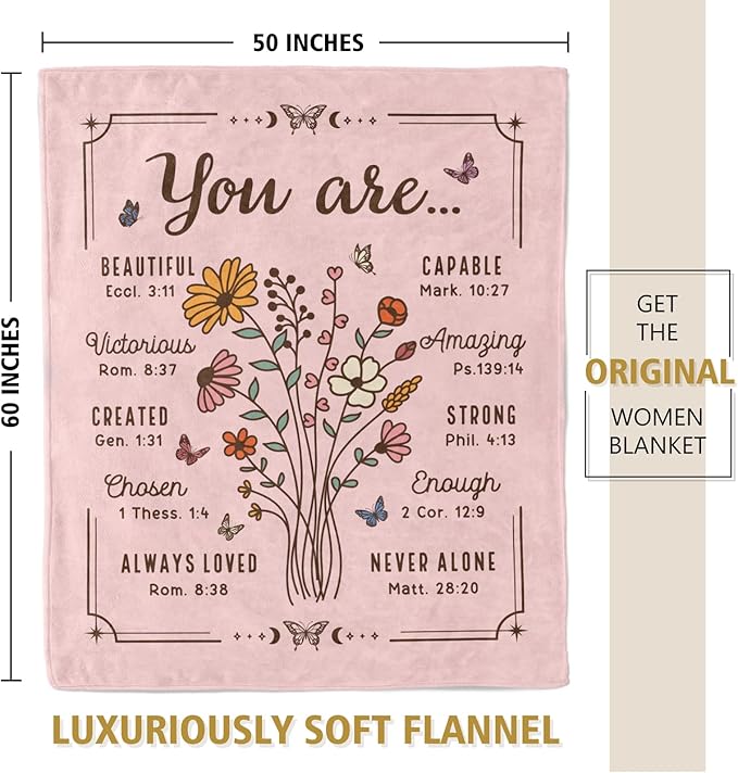 Christian Gifts for Women, Christian Floral Throw Blanket, Birthday Religious Gifts for Women Friendship, Inspirational Scripture Faith Gift for Friend, Sister, Mom, Daughter (50'' x 60'', Pink)