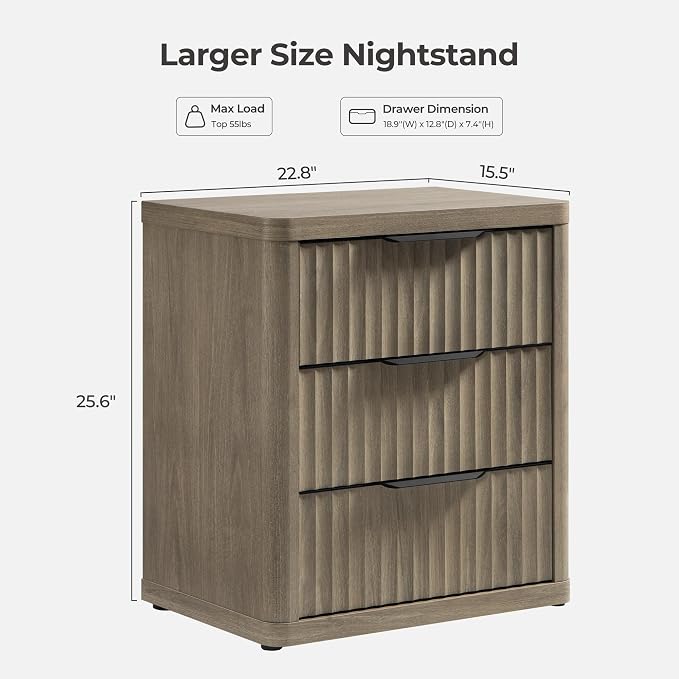 SICOTAS Night Stand Set of 2 Nightstands with 3 Drawers Storage Bedside Table Large Fluted Bed Side End Table Modern 25.6" Tall Wide Night Stands for Bedroom Living Room Sofa Couch Office, Grey Alder - Image 3