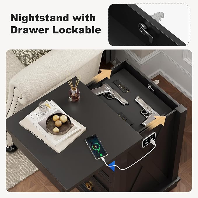 Farmhouse Nightstand Set 2 with Gun Drawer,Bedside Table with Charging Station and Human Body Senor,3 LED Lights Night Stand with 3 Drawers and Open Shelf,End Side Table for Bedroom(Black) - Image 3