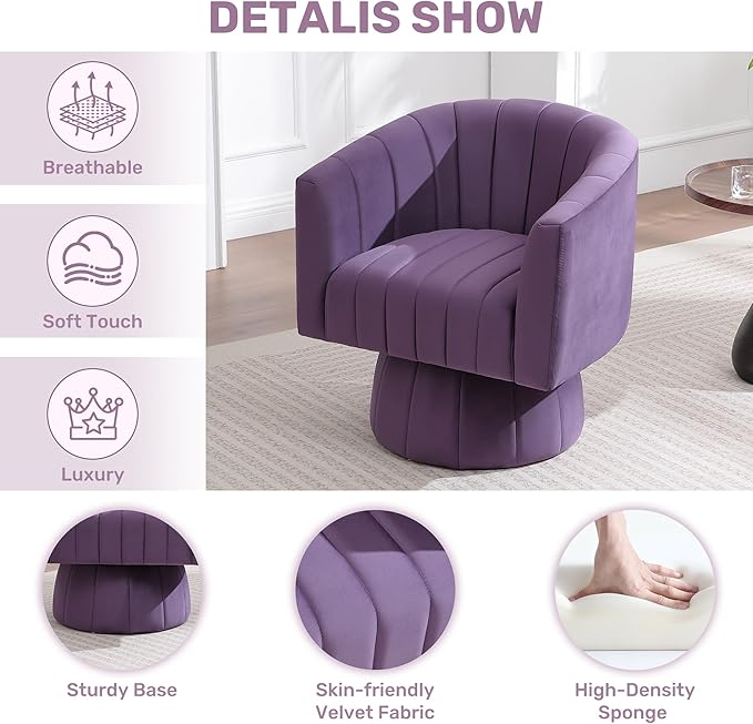 Swivel Accent Barrel Chair, Cute Comfy Small Round 360° Arm Chair. Velvet Club Reading Chair for Living Room, Bedroom, Office Purple