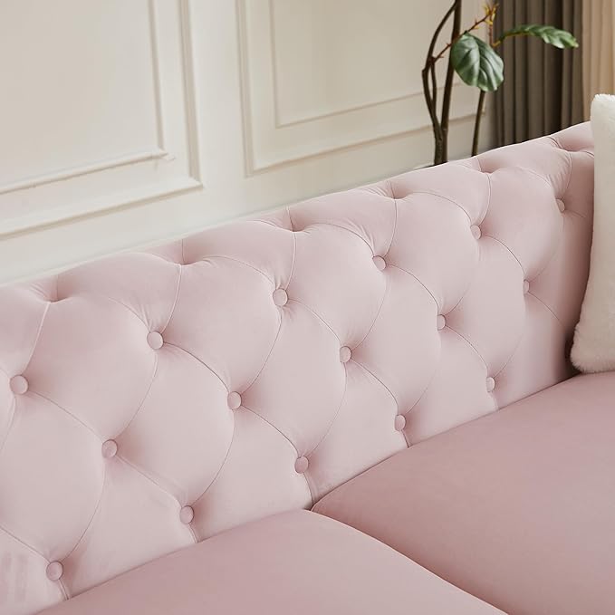 KEIKI 2-Piece Luxury Chesterfield Sofa Set with 2 Velvet 3-Seater Sofa, Mid-Century 6-Seater Tufted Buttons Couch Set with 4 Pillows & High-Density Foam Cushions, Easy Assembly, for Living Room, Pink