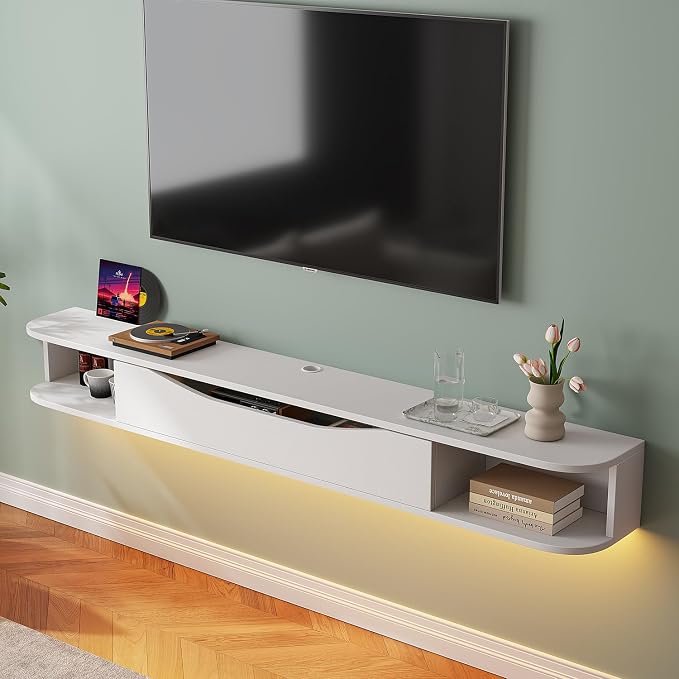 FurniNova 78'' Floating TV Stand, Modern Plywood Wall Mounted Media Console for 78 inch TV,Floating Entertainment Center with Storage,Round Edge TV Shelf for Living Room & Bedroom,White by Furninova
