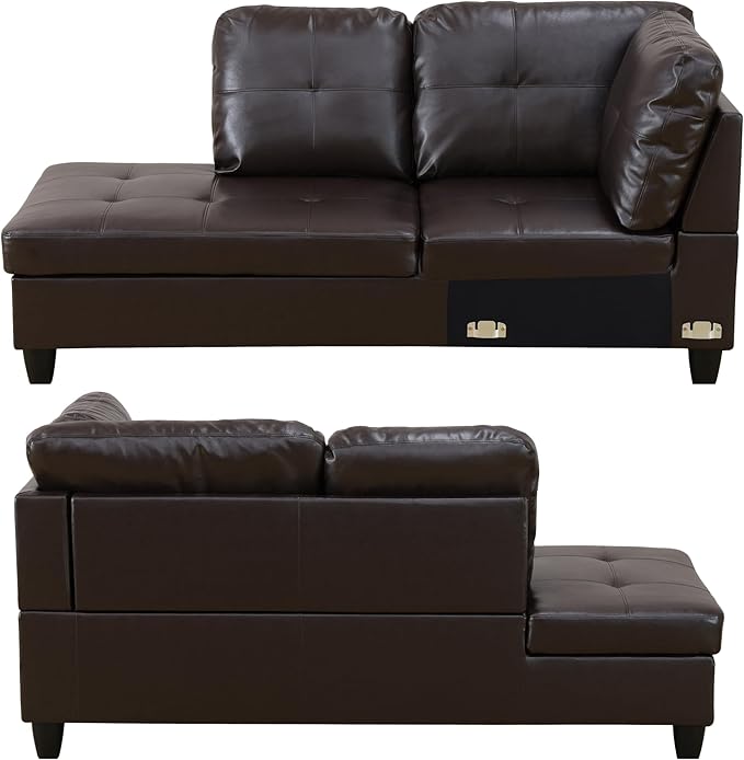 103.5 Inch Modern L-Shaped Couch, Faux Leather Sectional Sofa with Chaise Lounge, 4-Seater Couch with Accent Pillows for Living Room, Apartment, Brown