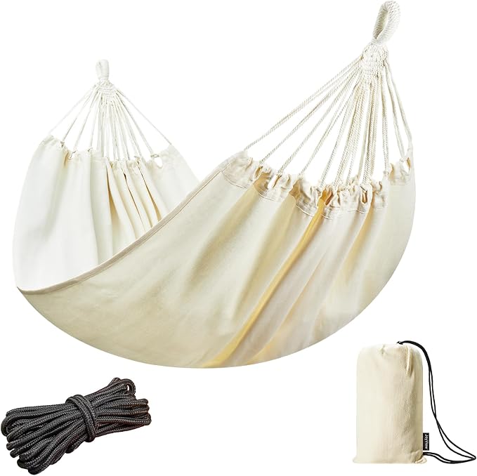 JoyView Brazilian Double Hammock with Hanging Ropes Extra Large 86.6x59” Portable Cotton Hammock for Patio Backyard Porch 450LBS Weight Capacity Perfect for Outdoor/Indoor - Natural White by JoyView