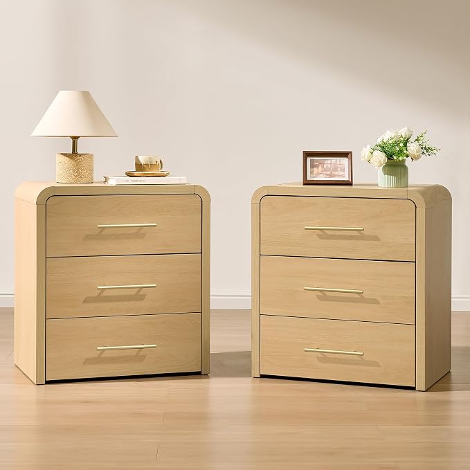 Fatmok Nightstand Set of 2, 23.6" Curved Modern Night Stand with 3-Drawer, Bedside Table, End Table for Bedroom, Large Dresser Storage Cabinet for Home Office Entryway, Natural by Fatmok