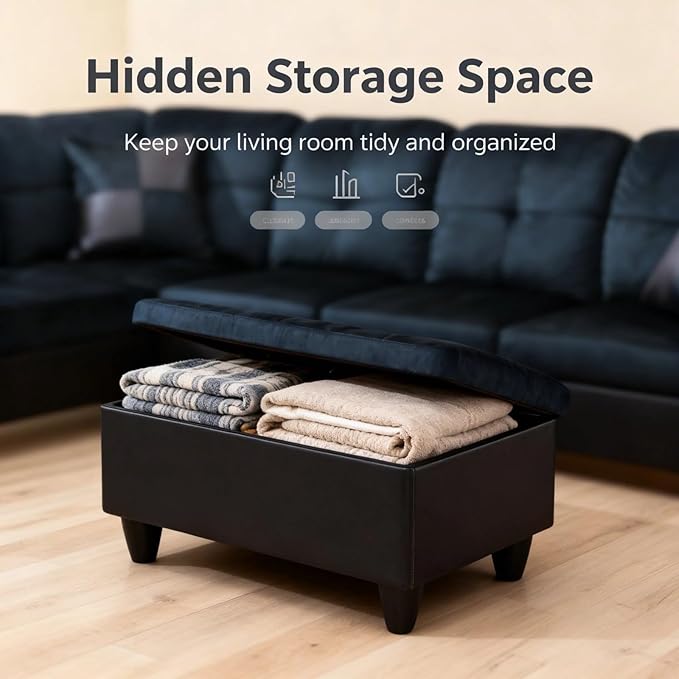 L-Shape Sofa with Storage Ottoman, Lint Sectional Couch with Left Chaise, Modern 3-Piece Sofa Set for Living Room, Upholstered Couch Set with Solid Wood Frame for Apartment, Dark Blue Brown