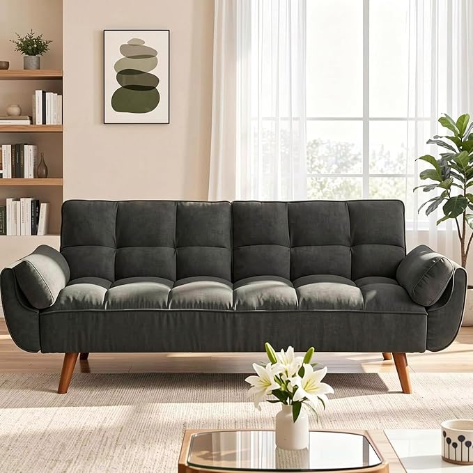 Convertible Futon Sofa Bed, Modern Futon Couch with 2 Pillows, Small Futons Couch with Adjustable Armrest & Backrest, Loveseat Sofa Bed for Living Room, Bedroom, Black