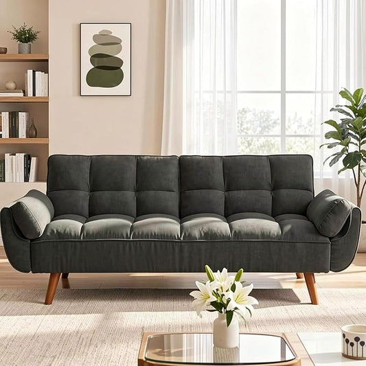 Convertible Futon Sofa Bed, Modern Futon Couch with 2 Pillows, Small Futons Couch with Adjustable Armrest & Backrest, Loveseat Sofa Bed for Living Room, Bedroom, Black
