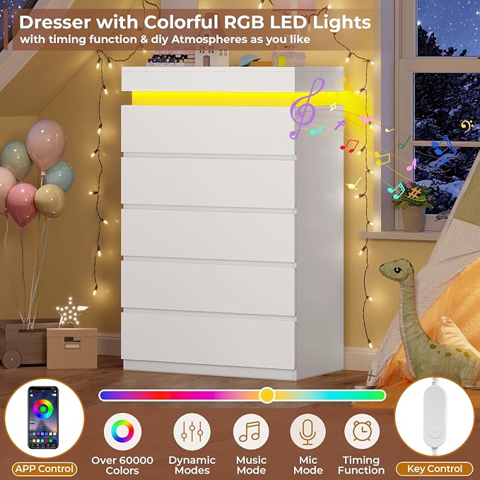 HAUOMS Tall 5 Drawer Dresser with LED Light, White Modern Chest of Drawers for Bedroom,Closet Dressers with Drawers for Living Room, Entryway, Hallway - Image 3