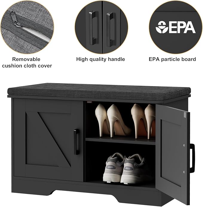 HOMSHO 2-Tier Storage Bench, 27.6" Wide Shoe Bench with Padded Seat Cushion, Entryway Bench with 2 Barn Doors and Adjustable Shelf, Black - Image 7
