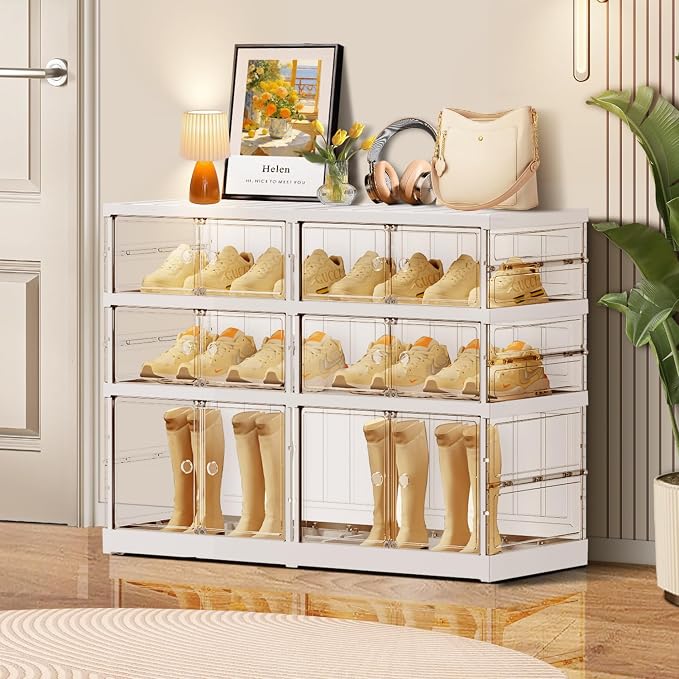 CIMLORD 3-Tier Foldable Shoe Rack for Closet Entryway 6-12Pairs,Stackable Clear Shoe Storage Boxes Organizer with Door Plastic Small Shoe Cabinet Bins with Lids Shoes Shelf Easy Assembly White by CIMLORD