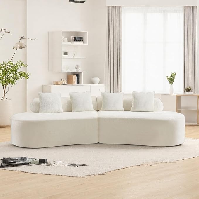 Curved Multi-Seater Sofa, Modern Modular Sofa with Cylindrical Backrest & 4 Coordinating Pillows, 111'' Flannelette Leisure Combination Couch with Ergonomic Design for Living Room, White