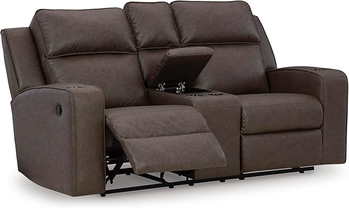 Signature Design by Ashley Lavenhorne Modern Faux Leather Manual Reclining Loveseat with Console and Cup Holders, Dark Brown