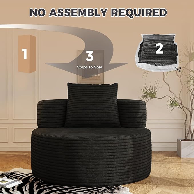 37.4" Boneless Round Chair, Oversized Chaise Lounge Cloud Chair Indoor, Upholstered Corduroy Deep Seat Sofa Accent Chair, No Assembly Required, for Living Room Bedroom Apartment