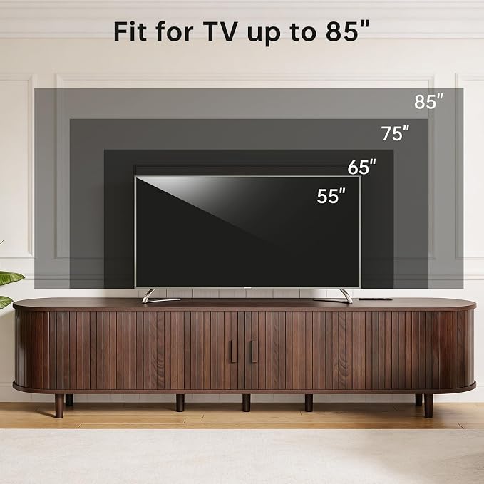 80" Mid Century Modern TV Stand, Wood TV Consoles with Sliding Doors and Power Outlet, Entertainment Center with Adjustable Shelves, Fluted TV Stands for Living Room, Walnut - Image 7
