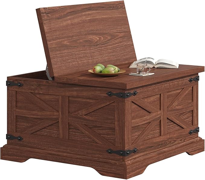 Farmhouse Coffee Table with Storage, Square Center Table for Living Room, Hinged Lift Top Soft Close, Wooden Large Hidden Storage with Metal Corner, Cherry Wood