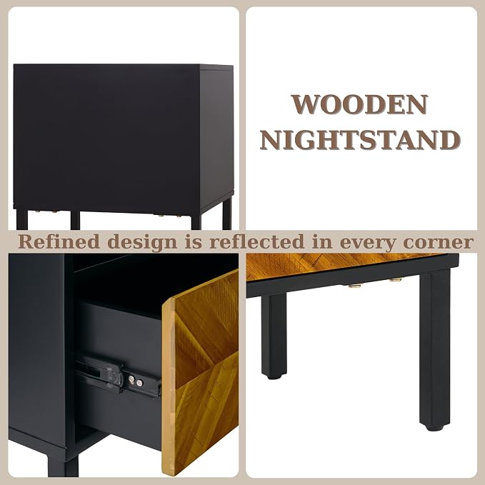 Bme Vivian Solid Wood Nightstand, End Table, Bedside Table with Herringbone Pattern for Rustic Bedroom, Easy Assembly, Rustic Golden Brown and Black - Image 7