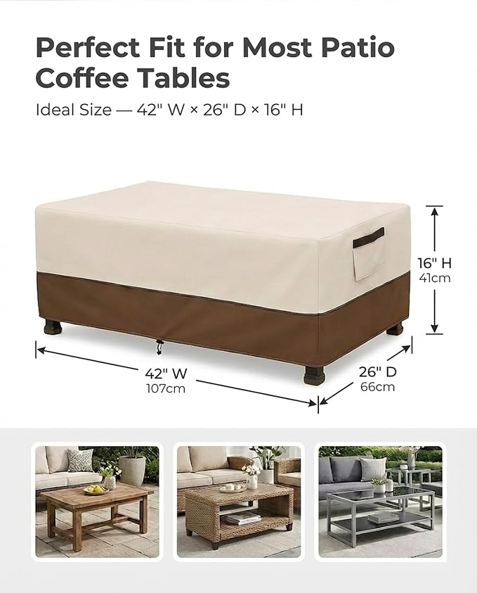 Waterproof Patio Coffee Table Cover, 600D Heavy Duty Outdoor Furniture Covers, Weather & UV Resistant, Windproof with Buckles, Rectangular Table Cover for Backyard Patio 42 x 26 x 16 in, Beige & Brown - Image 3