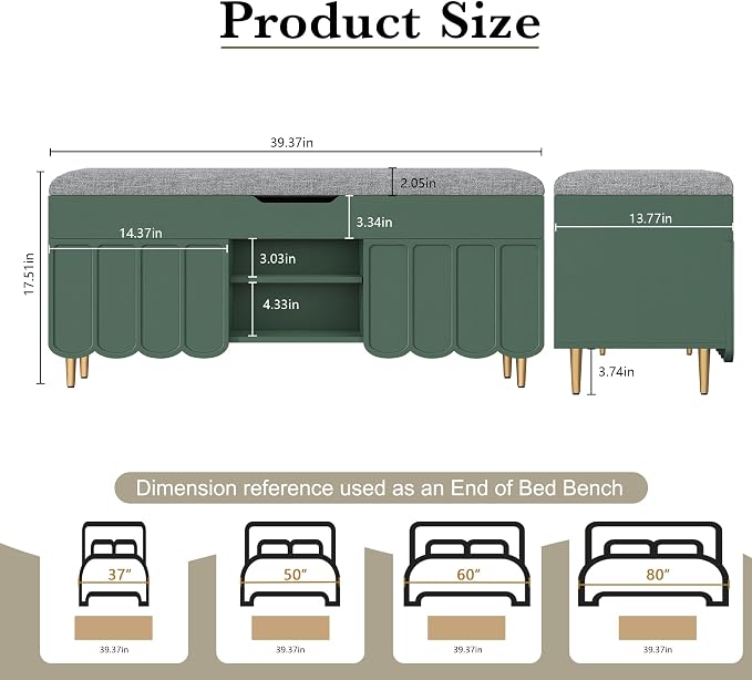3More 40" Entryway Shoe Storage Bench,Upholstered Hidden Space Beneath Seat Cushion Bench,2-Tier Unique Geometric Shape with Wood Grain,Green - Image 2