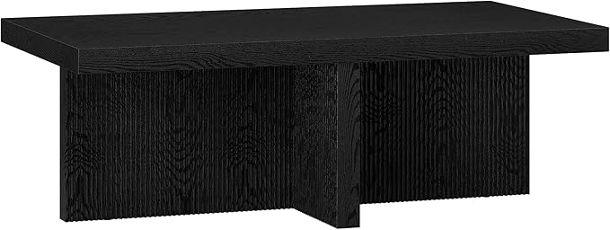 Henn&Hart 44" Fluted Rectangular Wood Pedestal Low-Profile Coffee Table with Ribbed Pedestal Base for Living Room, Family Room or Office, Natural Black
