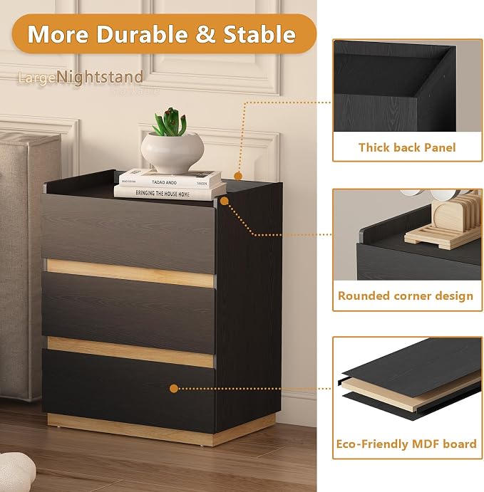 Large Modern Nightstand Black Bedside Table, 3 Drawer Dresser Wood Stackable Storage Drawers for Clothes for Closet, Bedroom, 24"x16"x29" - Image 6