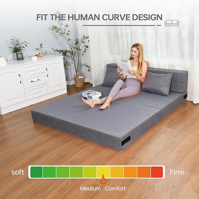 Folding Sofa Bed, Foldable Bed Sleeper Chair with Removable Washable Cover, Convertible Fold Out Couch with Pillow, Futon Couch for Living Room, Dorm, Guest Room, Queen Size, Light Grey