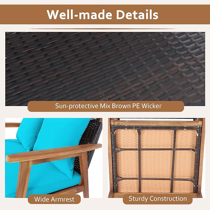 Tangkula 4-Piece Patio Furniture Set, Outdoor Acacia Wood Conversation Set with Cushions and Coffee Table, Outdoor PE Wicker Sectional Sofa Set for Garden, Poolside and Backyard (1, Turquoise)