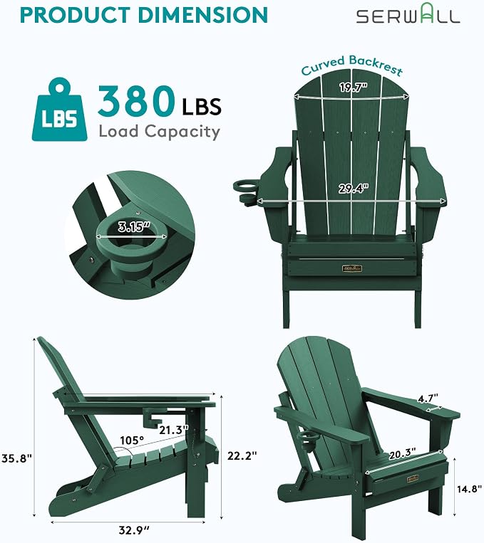 SERWALL Foldable Adirondack Chair Set of 4, Weather Resistant HIPS Patio Chairs with Cup Holder for Garden Outdoors Fire Pit Chairs-Green - Image 3