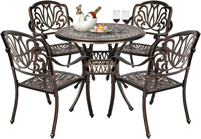 VINGLI 5 Pieces Outdoor Patio Dining Set, Cast Aluminium Patio Furniture Set with 4 Chairs and 1 Umbrella Table for Yard, Garden, Porch and Poolside, Bronze by VINGLI