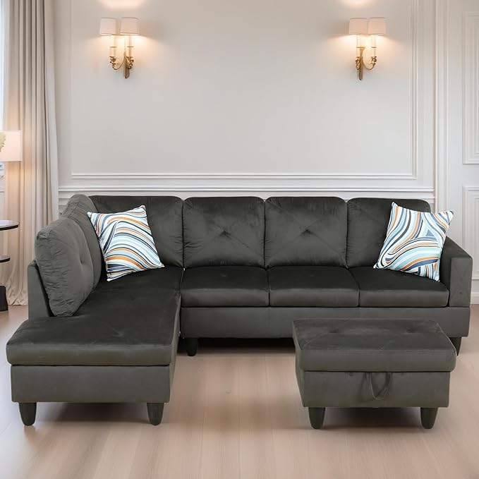 FONTOI L Shaped Sectional Couch Sofa, Modern Couches for Living Room, Comfy 4 Seat Modular Sectional Sofa with Ottoman Storage for Bedroom Apartment, Coffee