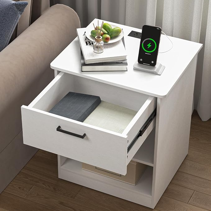 White Nightstand Set of 2 with Charging Station,Modern Night Stand with Drawer and Open Shelf,Bedisde Table with Storage for Bedroom, End Side Table for Living Room - Image 6