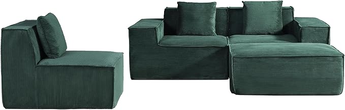 Rowan Convertible Corduroy Sectional Couch with Ottoman & Pillows, Modular L Shaped Sleeper Sofa, Boneless Cloud Couch for Living Room Furniture, Dark Green