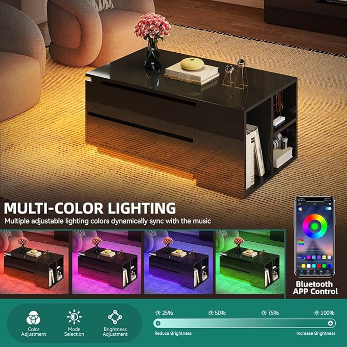 YITAHOME LED Coffee Table with Storage 4 Drawers, Modern Coffee Tables for Living Room, Wooden Rectangle Extendable Center Table with Open Shelves & Sliding Tabletop 35"- 61" for Home Office, Black