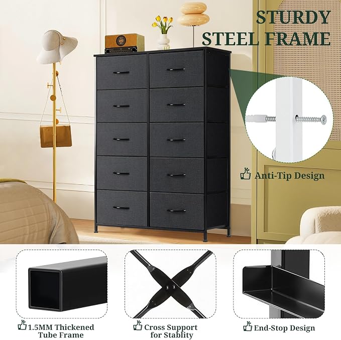 10-Drawer Dresser for Bedroom, Anti-Tip Tall Storage Organizer Chest of Drawers with Wooden Top and Metal Frame Fabric Bins for Closet, Living Room, Hallway, Entryway, Black - Image 4