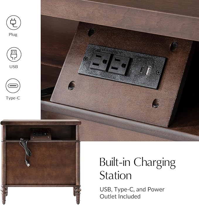HULALA HOME Traditional End Table with Charging Station, Fluted End Tables with Wood Drawers and Solid Wood Spindle Legs, 28 Inch Wide Storage, Walnut - Image 4