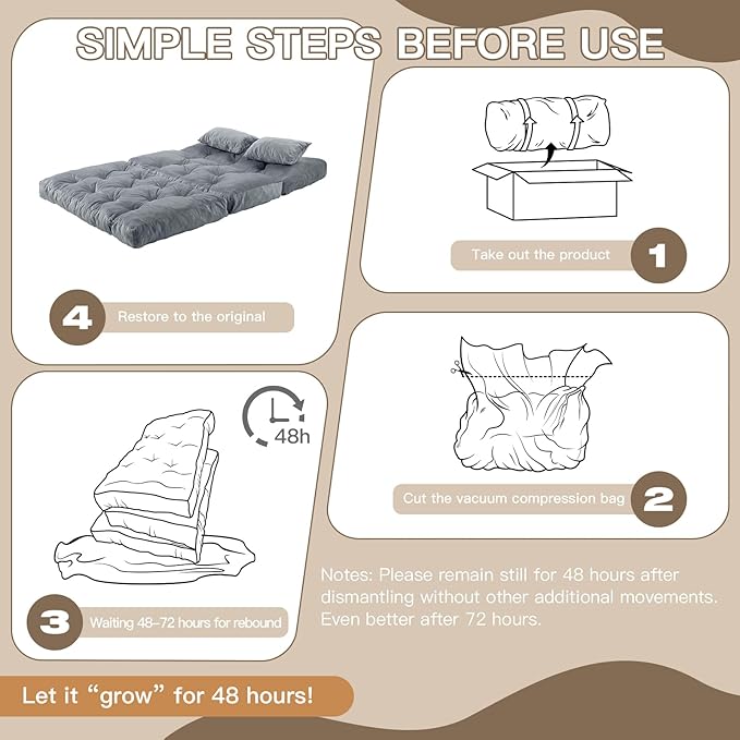 Folding Sofa Bed, Convertible Sleeper Chair with Pillow Foldable Mattress with Back Support, Portable Fold Out Chair Bed Comfy Floor Sofa Lounge for Living Room Bedroom, Dark Gray Full 80x54 Inch