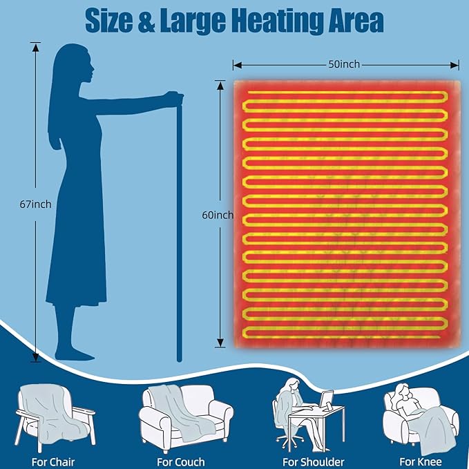 Eastsora Heated Blanket Flannel Throw Blanket, 50"X 60" Electric Heating Blanket with ETL & FCC & 12 Heating Levels & Auto Shut Off，Machine Washable (Blue, Single - 50" x 60")