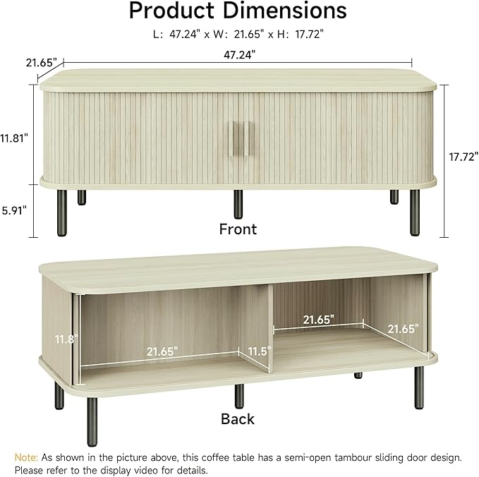 ONBRILL Coffee Table with Storage, 47.2" Mid Century Modern Coffee Tables for Living Room, Rectangle Wood Center Table with Sliding Tambour Door & Adjustable Leg for Living Room, Natural White