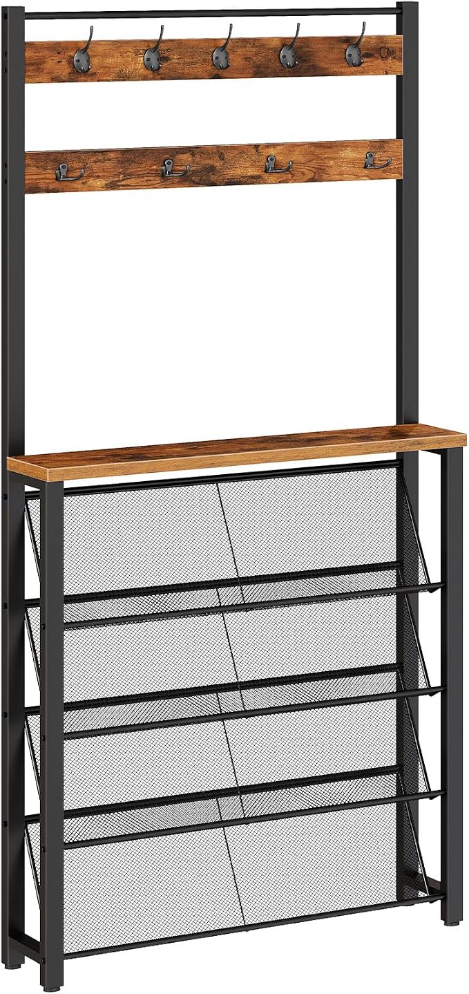 HOOBRO Hall Tree with Bench, Narrow Shoe Rack with Coat Rack, Coat Rack with Shoe Storage, 5 Tier Slanted Shoe Storage Organizer, Coat and Shoe Rack Entryway, Slim Hall Tree, Rustic Brown BF20MT01 - Image 9