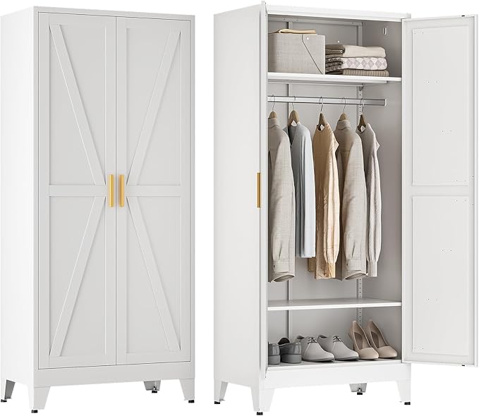 71" Tall Metal Armoire Wardrobe Closet, Clothing Storage Cabinet, Freestanding Wardrobe Cabinet with 2 Adjustable Shelves for Bedroom, Office, Garage